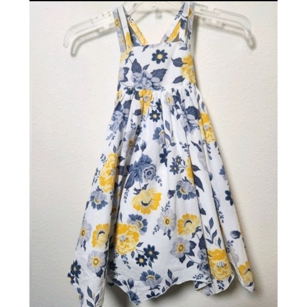 Joie White Blue Yellow Floral Girls Sun Dress 4T Smocked Lined Handkerchief Hem